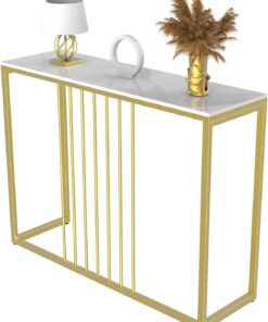 FATIVO Mesa de Consola Recibidor Entrada Dorada: Piedra Real Mesa Auxiliar Metal Mármol para Salón Pasillo Dormitorio de Estilo Nórdico Moderno, Blanco y Dorado, 100x30x79 cm