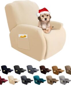 FIGOOO Funda de Sillón Relax Reclinable 4-Piezas Funda para Sofá 1 Plaza Relax Elásticas Universal Ajustables Lavables Fundas Protector de Sillón Chivas con Bolsillo,Beige