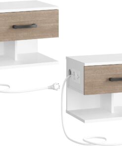 HOOBRO Mesillas de Noche Suspendidas, Juego de 2 Mesas, Mesas de Pared con Base de Carga y Cajón, Modernas Mesas Auxiliares, 1 Enchufe Estándar y 2 Puertos USB, Blanco y Gris EWG127CBZP201
