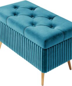 Ottomán de almacenamiento, Banco otomano de extremo de cama con almacenamiento, tapizado en tela con botones, banco para pies tipo taburete para sala de estar, dormitorio y entrada(Peacockblue,60cm)