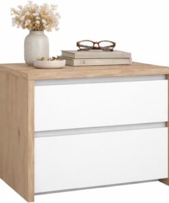 WELL HOME MOBILIARIO & DECORACIÓN Mesita de Noche, Mesa Auxiliar Segre Oak con 2 Cajones, Color Jackson Hickory y Blanco Alto Brillo, 52 x 49 x 46 cm