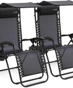 SereneLife Zero Gravity - Silla reclinable de Malla de Acero Ajustable, con toldo, Almohadas extraíbles y mesas auxiliares para portavasos, Juego de 2, Color Negro