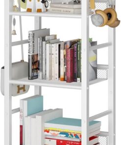 YMYNY Estantería de 5 Niveles, Biblioteca, Librería, Estante de Almacenamiento, con Gancho en S de 8 Piezas, Marco Metálico, Estilo Minimalista, para Sala de Estar, Oficina, Baño, Blanco HBC055W