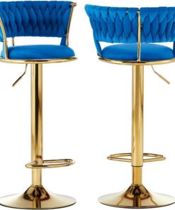 BAKAJI Juego de 2 taburetes de Cocina con Revestimiento de Terciopelo y Respaldo Trenzado, Altura Ajustable, sillas de Bar, Restaurante, Estructura giratoria de Oro con reposapiés, diseño Moderno