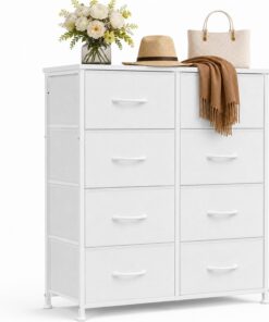 DUMOS Cómoda con cajones, cómoda y aparador para Dormitorio, Armario de Cocina con 8 cajones, cómoda de Tela con Marco de Acero, Armario pequeño, Ideal para Pasillo, salón (Blanco)
