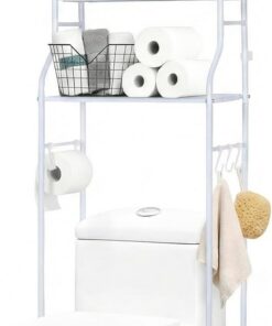 NK Estantería de Baño sobre Inodoro – 153x47x26 cm, 3 Baldas Superiores, 3 Ganchos, Portarrollos, Patas Antideslizantes, Estructura de Hierro y PP, Color Blanco, Montaje Fácil