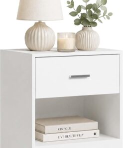 Relaxdays Mesita de Noche, cajón y Hueco Abierto, 41x39x28 cm, Blanca | Mesita de noche para el dormitorio, mesita de noche