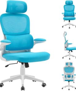 Bakaji silla de oficina ergonómica con respaldo y soporte lumbar, reposacabezas, sillón giratorio de escritorio, altura ajustable, revestimiento antisudor transpirable (azul)