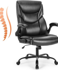 Sweetcrispy Silla de Oficina ergonómica de Piel sintética con reposabrazos Plegables, ergonómica para Ordenador con Respaldo Alto, para Videojuegos, para el Trabajo, Descanso, Color Negro