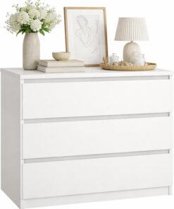 WELL HOME MOBILIARIO & DECORACIÓN Cómoda, Cajonera Dormitorio SIL Gloss White con 3 Cajones,Color Blanco Alto Brillo, 77 x 50 x 71 cm