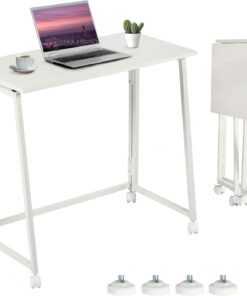 MEUBLE Cosy Escritorio Plegable con Ruedas Mesa de Ordenador para Ahorrar Espacio Oficina Hogar Estudio, Estructura de Acero, Escandinavo, Montaje Sencillo, Blanco