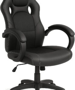 BAKAJI Silla Gaming Racer direccional para Oficina, ergonómica, Estilo Deportivo, Sillón de Escritorio Racing con 4 Ruedas, giratoria hasta 360°, de Piel sintética Negra con Tela (Black)