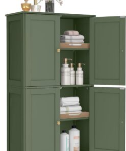 VASAGLE Mueble de Baño, Armario de Almacenaje, con 2 Estantes Regulables y 4 Puertas, Mueble Alto para Cocina, Verde Bosque BBC553CH01