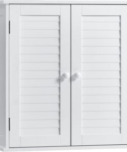 Mueble de baño de Home Discount® de Madera con Rejilla, con Puertas Dobles, para Montar en Pared, Color Blanco