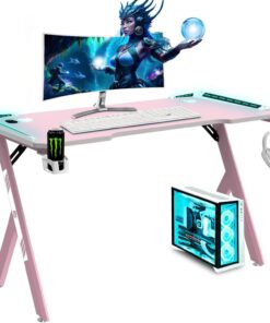 NK Mesa Escritorio Gaming con LED (120x60cm) - Portavasos y Botellas, Soporte Auriculares/Cascos, Gestión de Cables, Gaming Desk, Tabla 1.5cm (Resistencia) Peso Máximo 100kg (Rosa)