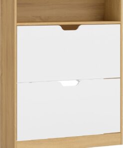 VASAGLE Custos Colección - Zapatero con Compartimiento Abierto y Divisor Ajustable, para Entrada, 2 Puertas Abatibles, 24 x 80 x 102 cm, para 14-16 Pares, Roble Dorado y Blanco Nube LBC048YA02
