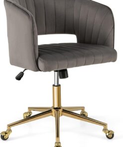FANTASK Silla de Maquillaje de Terciopelo con Ruedas y Respaldo Acolchado, Silla giratoria de Oficina, Altura Regulable, Silla de tocador, Silla de Escritorio con función balancín, Gris