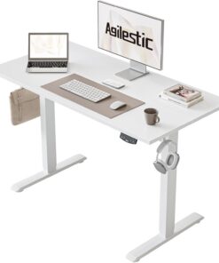 Agilestic 100 x 60 cm Escritorio Elevable Eléctrico con Tablero Escritorio Regulable en Altura Eléctrico Telescópico Bi-direccional con Control de Memoria y Tecnología Anticolisión, Blanco