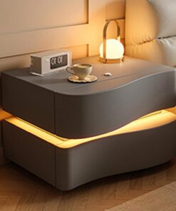 Mesita De Noche Flotante Estilo Ola con Luz, Moderna Sencilla Diseño De Perfil Curvo Mesita De Noche Color Crema con Dos Cajones,para Dormitorio Salón(E,50 * 40 * 42cm/15.7 * 19.7 * 16.5in)