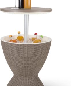 Amazon Basics Mesa Alta con Nevera de 29.8 litros para Exteriores, Estilo Mimbre, ‎48 x 48 x 57-82 cm, Marrón y blanco
