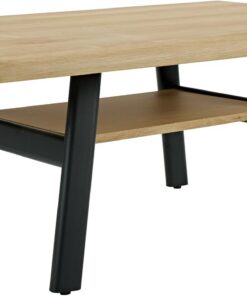 Hela Tische, Mesa de Centro OVA, decoración de Roble Claro con Estante, Estructura de 4 pies de Metal Ovalado, Tablero de Mesa de 40 mm de Grosor, Borde Longitudinal Redondeado, Deslizador de Suelo