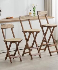 Taburete de bar plegable, sillas de ratán con respaldo y reposapiés, taburete de desayuno de cocina de bambú