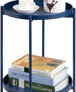 HollyHOME Mesa Auxiliar Redonda Mesa de Café & Té, Bandeja de Metal de 2 Niveles, Mesita de Noche Mesita de Sofá para Sala de Estar Dormitorio Balcón Patio, Azul Oscuro | Bandeja de 2 niveles para sala de estar, dormitorio, balcón, patio, interior y exterior, color azul oscuro
