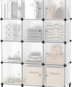 AWTATOS Organizador de Almacenamiento de 12 Cubos con Puertas Estante | de almacenamiento de plástico, estantería de almacenamiento modular, estante de almacenamiento apilable para dormitorio