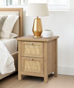 Hallowood Furniture Newquay - Mesita de noche con efecto de roble con 2 cajones y parte delantera de ratán, mesita de noche estrecha, mesa de lámpara, unidad de almacenamiento para dormitorio, mesita