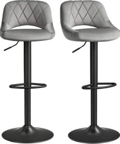 SONGMICS Taburetes Altos de Cocina, Juego de 2, Taburete Alto con Marco de Metal y Cubierta de Terciopelo, Reposapiés, Altura de Asiento Ajustable, Gris Oscuro LJB072G01