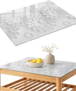 Tapa para Mesa de Centro 100x70 cm | Rectangular | Bordes Pulidos | Flores blancas | para la Cocina y Salón | con Impresión Decorativa | Pies Antideslizantes | Vetro Temperato