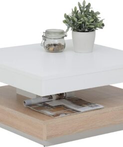 Hela Tische, Andy Mesa de Centro, Mesa de Salón Cuadrada, Material Compuesto de Madera, Tablero Giratorio en 360°, Roble Blanco/Roble Sonoma, 67 X 67 X 35 cm