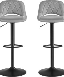 SONGMICS Taburete de Bar, Juego de 2, Sillas de Cocina con Marco de Metal Estable y Cubierta de Terciopelo, Reposapiés, Altura de Asiento Ajustable, Fácil de Montar, Retro, Gris Claro, LJB072G02