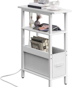 MAHANCRIS Mesita Auxiliar Estrecha, Mesita de Sofá con Base de Carga, Mesilla de Noche Estrecha con Cajón de Tela Extraíble, Mesa Auxiliar Estrecha, para Salones, Oficinas, Blanco AETBW125UE01