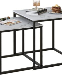 Huhote Juego de 2 mesas auxiliares, mesas auxiliares, mesa auxiliar con marco de metal para salón, dormitorio, balcón, oficina, apartamento, diámetro 50/45 cm (marco negro, parte superior de mármol