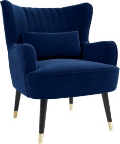 Vesgantti Silla decorativa de terciopelo con almohada lumbar, sillón moderno con respaldo de ala, silla grande ocasional para sala de estar, dormitorio, sala de estudio, oficina (azul oscuro)