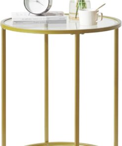 YMYNY Mesa Auxiliar Redonda, Mesita de Noche Pequeña de Cristal Templado con Marco de Metal, Mesa de Centro Transparente, Moderna, para Salón, Dormitorio, 50×50×65CM Dorado HGD020G