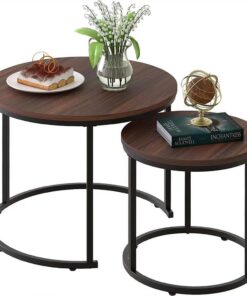 BAKAJI Juego de 2 mesas de salón empotradas, Forma Redonda con Estructura de Metal Negro y Tapa de Madera Nogal, mesas de café para Ahorrar Espacio, diseño Industrial, decoración de salón, casa,