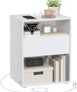 VASAGLE Mesita de Noche, Snapsemble Montaje Súper Rápido, Mesa Auxiliar con Carga y Cajón, Moderna, Dormitorio, Sala de Estar, Blanco Mate LET777W04