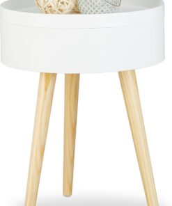 Relaxdays Mesa Auxiliar Redonda Nórdica con Bandeja, Madera, Blanco, 50x38x38 cm