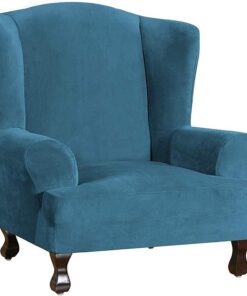 Funda elástica de terciopelo para silla con respaldo de alas, color azul, para decoración de sillón, sala de estar