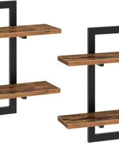 HOOBRO Estantería de Pared Colgante, Set de 2 Estanterías de Pared de 38 cm, Estanterías para Montaje en Pared con 2 Repisas, Adecuados para Salas de Estar, Baños, Marrón Vintage y Negro EBF32BJ01