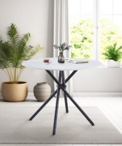 Hallowood Furniture Cullompton - Mesa de comedor pequeña, mesa de comedor redonda, efecto mármol blanco con patas de metal negro, mesa de cocina, mesa pequeña para el hogar y cafetería (90 cm)