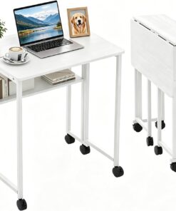Garvee Escritorio Plegable - Mesa Escritorio 24.8 Pulgadas, Material Ecológico de Calidad, Multifunción con Almacenamiento, Móvil y Compacto, Soporte 135 Libras, Color Blanco