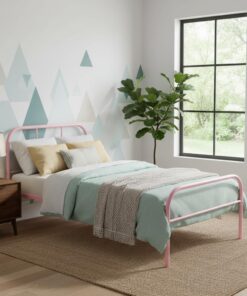 FurnitureR - Marco de Cama Individual de Metal, Marco de Cama Colorido con Marco de láminas y cabecera, Cama para Dormitorio Cama Junior, Adecuado para 190 x 90 cm, colchón, Color Rosa