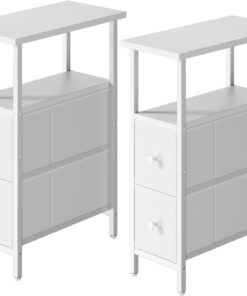 YMYNY Mesa Auxiliar Estrecha Conjunto de 2 Piezas, Mesita de Noche con Dos Cajones Tapizados en Tela, Mesa Auxiliar Sofa Adecuada para Salon dormitorios, Blanco HST019W-2