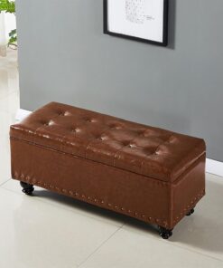 Taburete para Almacenaje Banco de Almacenamiento de Cuero con Cojín Banco Dormitorio Baúl de Almacenaje con Patas de Madera Banco de Entrada Reposapiés Banqueta Tapizado