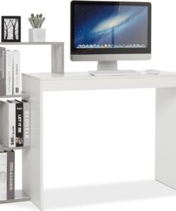 Mondeer Escritorio, Mesa de Ordenador con Estante de Almacenamiento de 3 Niveles, Ahorro de Espacio, para Oficina Estudio Estación de Trabajo, 110 x 40 x 92 cm, Blanco y Gris