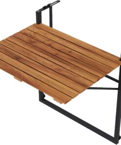 QLS Mesa de balcón 43x57 cm Regulable y Plegable de Acacia | Mesa colgante compacta para balcón y terraza, apta para barandillas de 0,5 a 13,7 cm, ajuste flexible