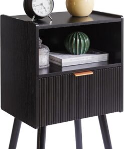 Aibiju Mesita de Noche Moderna con Cajón, Mesitas de Noche de Mediados de Siglo con Estante Abierto y Patas de Madera, Mesa Auxiliar Pequeñas para Dormitorios, Negro YD-TM061B